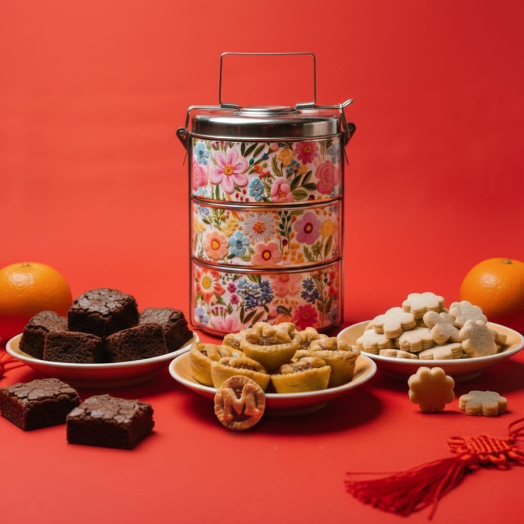 Chinese New Year tiffin with brownies biscuits and pineapple tarts