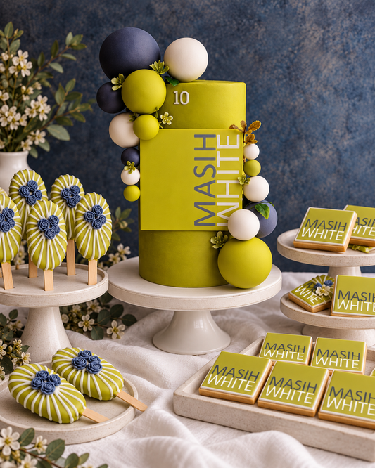 Custom corporate anniversary cake with matching branded logo cookies and decorated cakesicles by Miss Muffet Cake Boutique Singapore