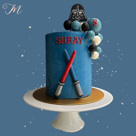 Starwars cake, with Darth Vader and light sabers. children's cake or adult cake for parties