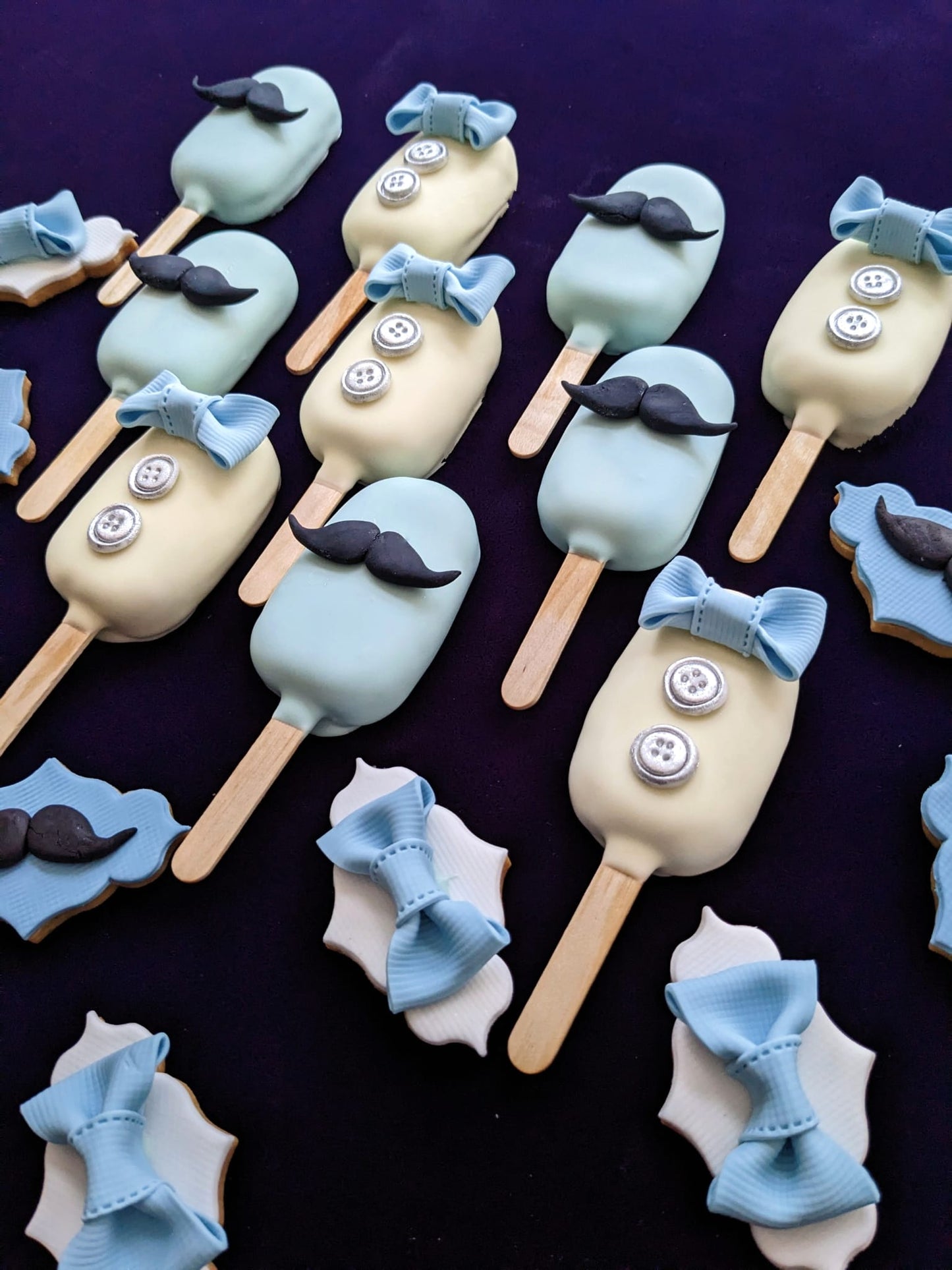 boss baby biscuits, cakesicles, Mustache biscuits, Bow tie biscuits, tie cakesicles